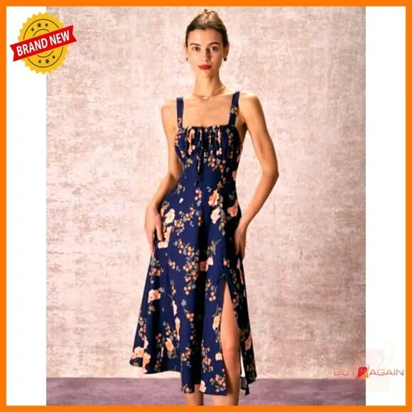 Vintage Square Neck Floral Dress Adjustable Bust A-Line Summer Short Sleeve - Picture 5 of 7